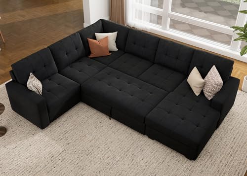 Modular Sectional Sleeper Sofa with Pull Out Bed, U Shaped Sleeper Couches with Storage Chaise, 114'' Sleeper Sectional Sofas for Living Room, Apartment (Velvet Black)