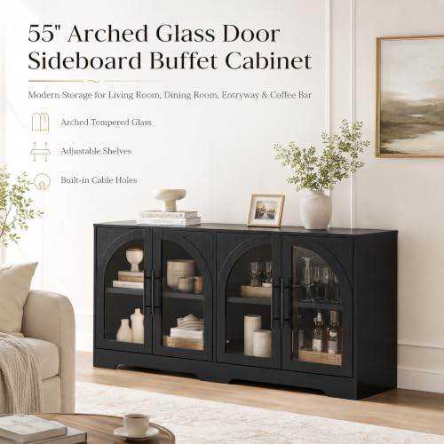 Sideboard Buffet Cabinet with Arched Glass Doors, Adjustable Shelves, view 7