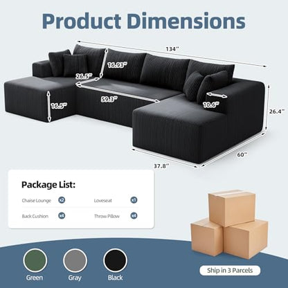 Cloud Couch U-Shaped Sectional Sofa, 134'' Modular Boneless Couches for Living Room, Corduroy Deep Seat Sofa with 2 Chaise Lounges and 1 Loveseat, 30D High-Resilience Foam, No Assembly, Black