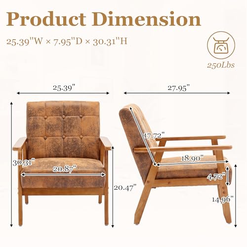 Modern Accent Chair, Mid-Century Linen Armchair with Solid Wood Armrests, Button-Tufted Comfortable Cushioned Reading Chairs for Living Room, Bedroom (Coffee)