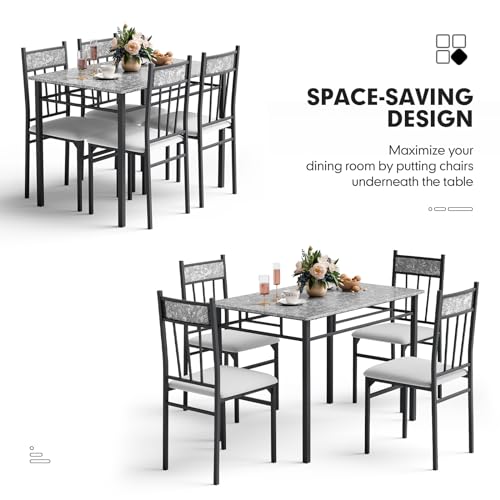 5 Piece Dining Table Set for 4, Faux Marble Kitchen Table and Chairs Set of 4, Vintage Rectangular Dining Room Table with Cushion Padded Seat, Metal and Wood Dining Set Kitchen Furniture, Grey
