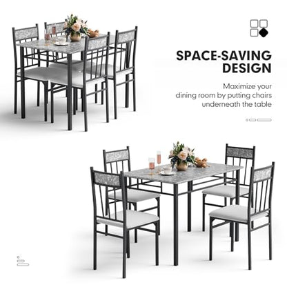 5 Piece Dining Table Set for 4, Faux Marble Kitchen Table and Chairs Set of 4, Vintage Rectangular Dining Room Table with Cushion Padded Seat, Metal and Wood Dining Set Kitchen Furniture, Grey
