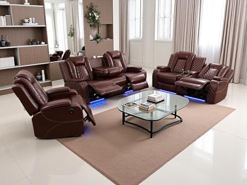 Living Room Set Brown Breathing Leather Sofa Living Room Furniture Set Power Recliner Manual Sofa,Loveseat and Chair with Cup Holders/Storage Console/LED Light for Living Room