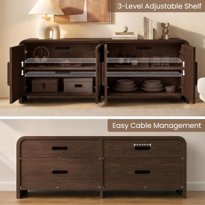 65" Rattan TV Stand with Storage for 75" TV,Dark Walnut, view 7