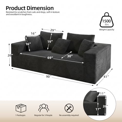 3-Seater Deep-Seat Corduroy Lounge Sleeper Sofa - No Assembly, Frameless Foam Cloud Couch for Living Room, Bedroom, Apartment, Dorm, Office