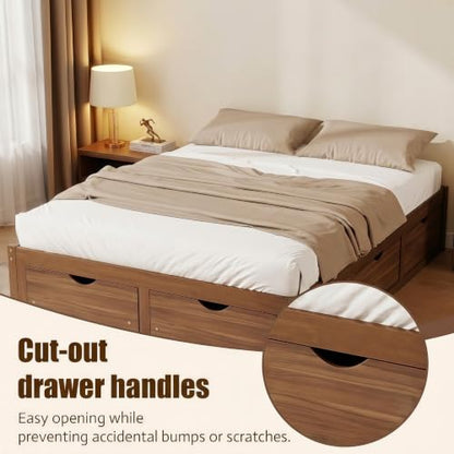 JIVOIT Queen Size Solid Wood Storage Platform Bed with 6 Drawers, Pine Wood Bed (Light Walnut-Queen,7)