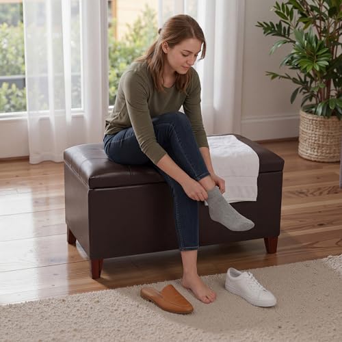 Storage Ottoman Bench, 33 Inches Faux Leather Rectangle Tufted Foot Stool for End Foot of Bed, Bedroom, Living Room, Brown