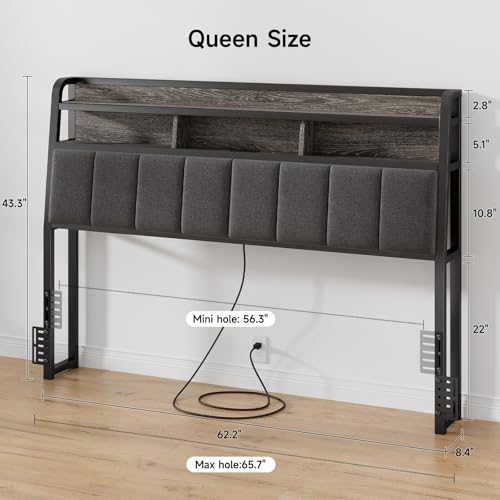 Ergonomic Headboard Queen Size with 2-Tier Storage, Black & Grey, view 3