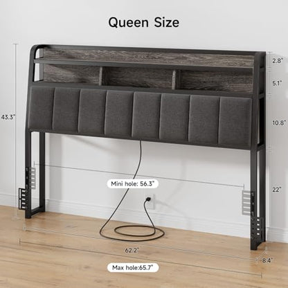 Ergonomic Headboard Queen Size with 2-Tier Storage, Black & Grey, view 3