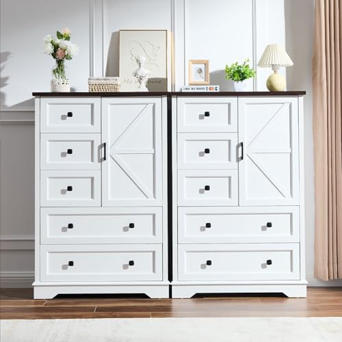 Dresser for Bedroom, Farmhouse Dresser with 5 Wooden Drawers and Storage Cabinet, 48 Inches Tall Chest of Drawers for Bedroom, Living Room, Hallway, White