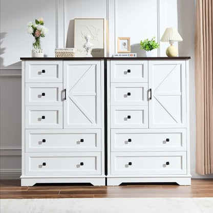 Dresser for Bedroom, Farmhouse Dresser with 5 Wooden Drawers and Storage Cabinet, 48 Inches Tall Chest of Drawers for Bedroom, Living Room, Hallway, White
