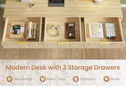 55" Executive Office Desk with 3 Drawers, Home Office Desk with Storage Drawers, Computer Writing Desk Study Table, Natural Oak