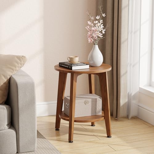 Round Side Table, Small End Table, Nightstand Bedside Table with Tapered Legs, for Living Room, Rustic Walnut