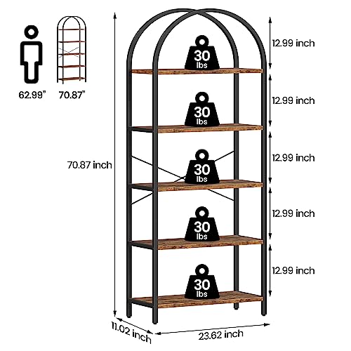 Bookshelf 5 Tier Bookcase Arched Display Racks Tall Standing Bookshelves Metal Frame Modern Storage Rack Shelf Large Wood Book Shelf for Bedroom, Living Room, Home Office (Rustic Brown)