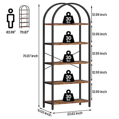 Bookshelf 5 Tier Bookcase Arched Display Racks Tall Standing Bookshelves Metal Frame Modern Storage Rack Shelf Large Wood Book Shelf for Bedroom, Living Room, Home Office (Rustic Brown)