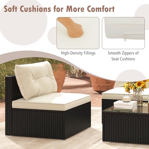 5 Piece Rattan Sofa Set, Patiojoy Outdoor Wicker Furniture Set with Seat & Back Cushions, Square Coffee Table, Patio Sectional Sofa Set for Backyard, Poolside, Garden