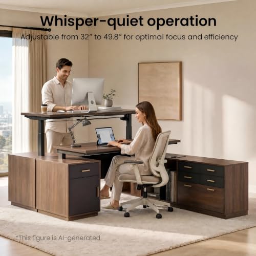 L Shaped Electric Executive Standing Desk with Drawers & AC/USB, view 7