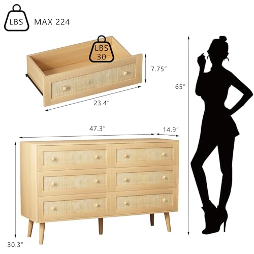 Rattan Dresser for Bedroom, Modern 6 Drawer Dressers & Chest of Drawers, Natural Boho Dresser with Handles Wood Storage Organizer Modern Dressers for Closet, Hallway, Office