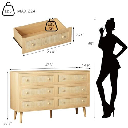 Rattan Dresser for Bedroom, Modern 6 Drawer Dressers & Chest of Drawers, Natural Boho Dresser with Handles Wood Storage Organizer Modern Dressers for Closet, Hallway, Office
