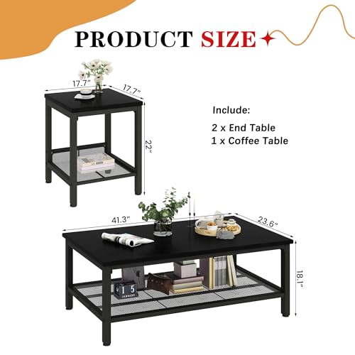 Coffee Table Set of 3, Industrial Coffee Table with 2 Square End Side Tables, Modern Living Room Table Set, with Metal Frame, for Apartment Home Office, Black