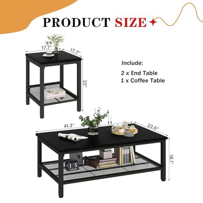 Coffee Table Set of 3, Industrial Coffee Table with 2 Square End Side Tables, Modern Living Room Table Set, with Metal Frame, for Apartment Home Office, Black