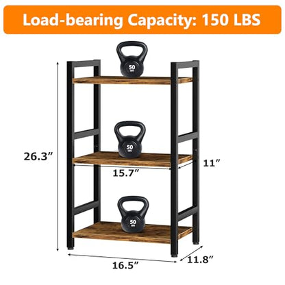 Book Shelf, 3 Tier Bookcase with Steel Frame, Stable Bookshelf Narrow Book Shelves Storage Organizer for Book CD Movie, Open Book Shelves for Living Room, Home Office, Study, Rustic Brown