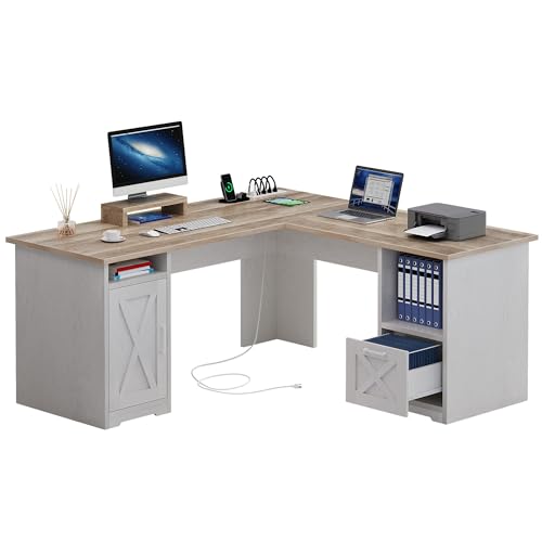 L Shaped Desk with Power Outlets, 60 Inch Computer Desk Corner Desk with File Drawer, Home Office Desk with Monitor Stand & Storage Shelves, L-Shaped Desk with File Cabinet, Grey Wash
