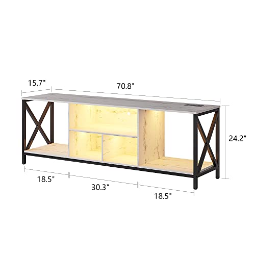 75 Inch TV Stand with LED Lights, Industrial Entertainment Center TV Console Table with Storage, LED TV Stands Cabinet with Charging Station for Living Room,Bedroom (White)