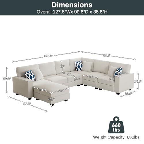 Oversized Modular Sectional Sofa,U/L‑Shaped Reversible Couch with Ottoman,Deep Seat Plush Polyester Sofa for Living Room,7‑Seater,Cream