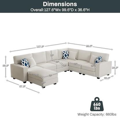 Oversized Modular Sectional Sofa,U/L‑Shaped Reversible Couch with Ottoman,Deep Seat Plush Polyester Sofa for Living Room,7‑Seater,Cream