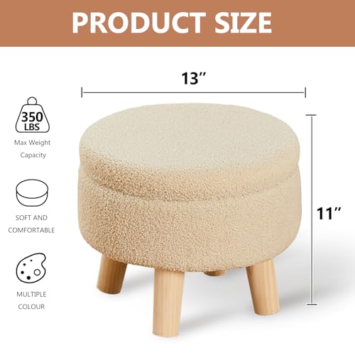 Storage Ottoman, Modern Round Footrest with Soft Padded Seat, Teddy Velvet Footstool with Wood Legs, Accent Small Table or Plant Stand for Hallway, Living Room (Off-White)
