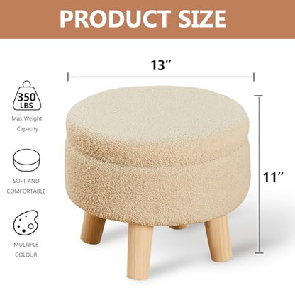 Storage Ottoman, Modern Round Footrest with Soft Padded Seat, Teddy Velvet Footstool with Wood Legs, Accent Small Table or Plant Stand for Hallway, Living Room (Off-White)