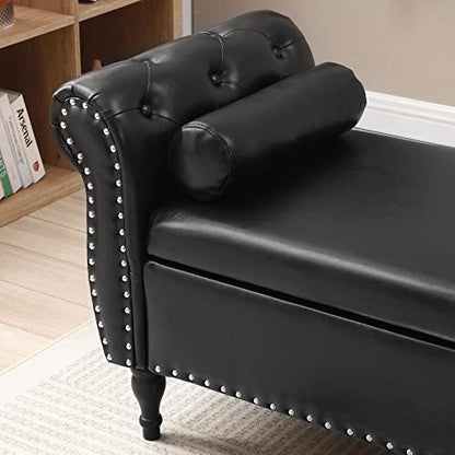 Storage Bench for Bedroom, PU Upholstered Bed Ottoman with Rolled Armed Button Tufted Design, Long Bench for Bed Window Living Room, Black