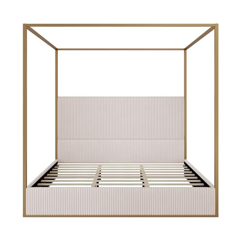 GDFStudio King Size Upholstered Canopy Bed Frame with Tall Corduroy Headboard, view 5