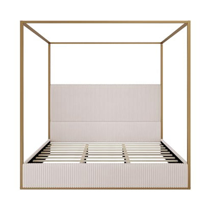 GDFStudio King Size Upholstered Canopy Bed Frame with Tall Corduroy Headboard, view 5