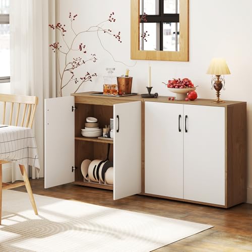 Sideboard Buffet Cabinet with Storage, Kitchen Accent Storage Cabinet with Adjustable Shelf, Freestanding Organizer for Living Room Entryway, 31.5" Lx13 Wx32.5 H (White+Natural)