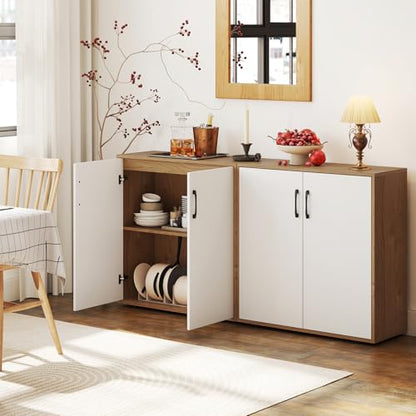 Sideboard Buffet Cabinet with Storage, Kitchen Accent Storage Cabinet with Adjustable Shelf, Freestanding Organizer for Living Room Entryway, 31.5" Lx13 Wx32.5 H (White+Natural)
