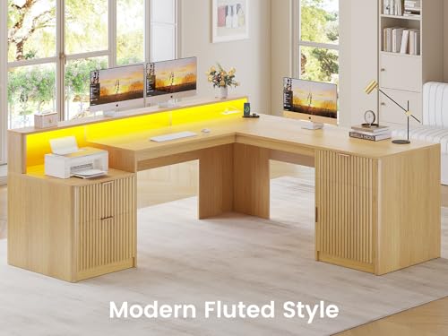 66" Modern L Shaped Desk with Drawers, Fluted Home Office Desk with File Cabinet and Printer Shelf, Wood Executive Desk with Monitor Stand, Power Outlets, Led Lights, Oak