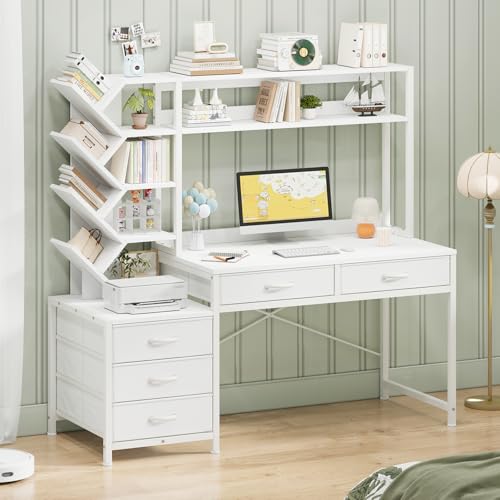 52" Computer Desk with Bookshelf, 5 Drawers ＆ Hutch for Bedroom, view 4