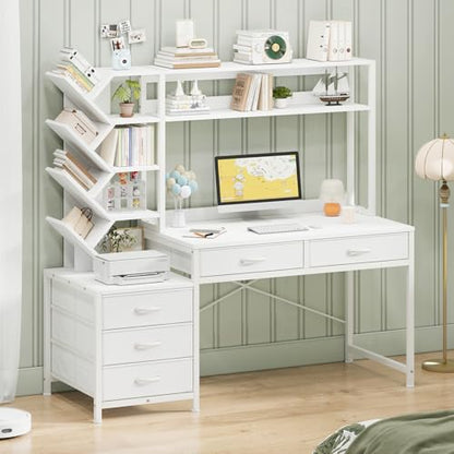 52" Computer Desk with Bookshelf, 5 Drawers ＆ Hutch for Bedroom, view 4