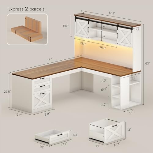 67" Farmhouse L Shaped Desk with Hutch, White+Brown, view 3