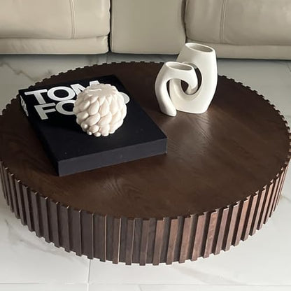 31.49" Walnut Coffee Table Round Wood, Modern Unique Fluted Tea Table, Contemporary Drum Circle Accent Center Table for Living Room, Small Space, Apartment