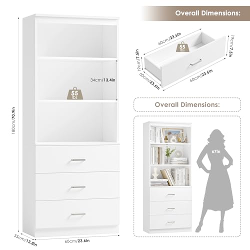 71" H White Bookshelf with Drawers, Bookshelf and Bookcase with 3-Tier Open Shelves, Tall Bookshelf Tall Storage Cabinet for Home Office