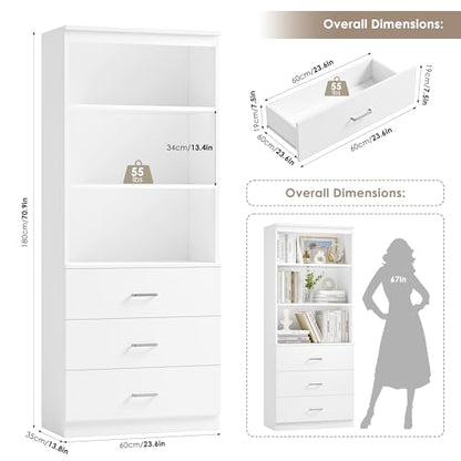 71" H White Bookshelf with Drawers, Bookshelf and Bookcase with 3-Tier Open Shelves, Tall Bookshelf Tall Storage Cabinet for Home Office