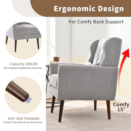 Modern Accent Chair, Upholstered Arm Chair with Waist Pillow, Single Sofa Chair for Living Room Bedroom Small Spaces (Light Gray)