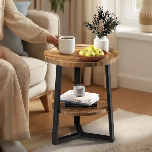 PPAMAPIC Round End Table, 2 Tier Side Table with Storage Shelf, Nightstand Accent Table for Living Room Bedroom Small Space, Black Metal Frame, 19.7" D x 23.6" H, Rustic Brown