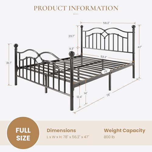 Full Vintage Metal Bed Frame with Headboard, Black, view 3