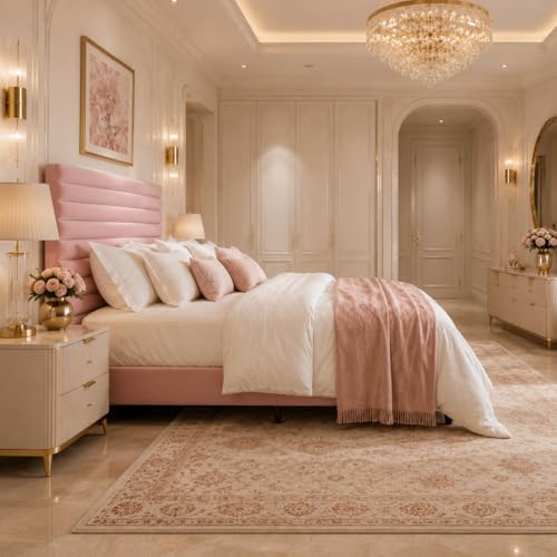 Queen Bed Frame, Velvet Upholstered Bed with Adjustable Headboard, view 4