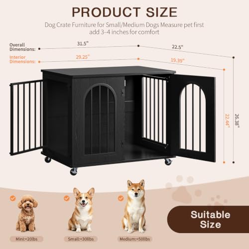 Dog Crate Furniture with Wheels - 31.5” Wooden Indoor Dog Kennel, view 3