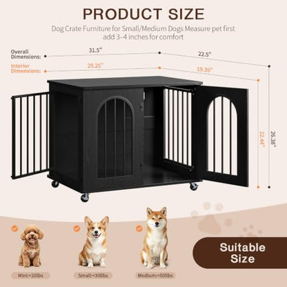Dog Crate Furniture with Wheels - 31.5” Wooden Indoor Dog Kennel, view 3
